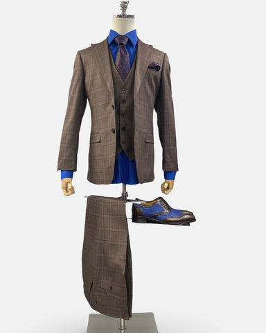 Men’s 3pc Brown Plaid Peak Lapel Suit | Clearance