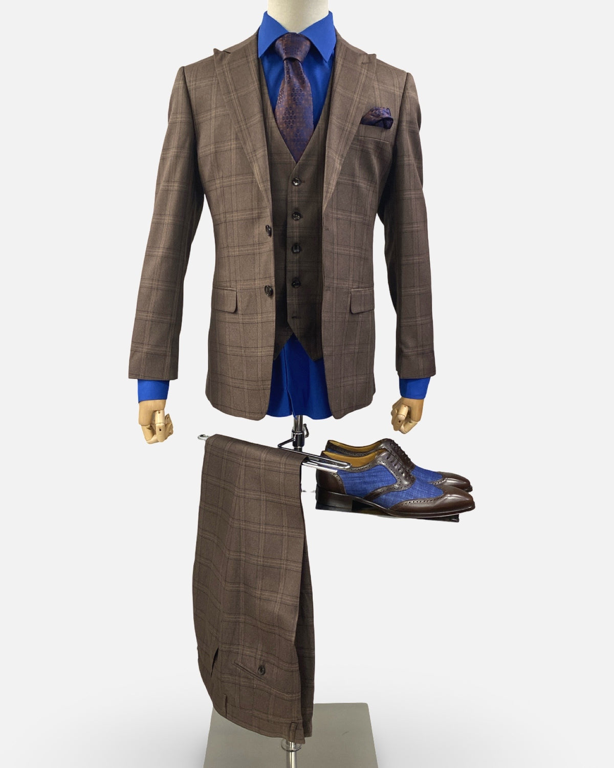 Men’s 3pc Brown Plaid Peak Lapel Suit | Clearance