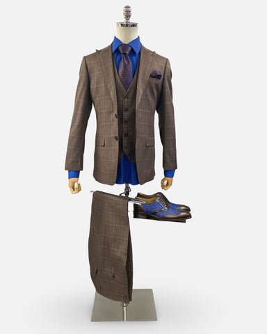 Men’s 3pc Brown Plaid Peak Lapel Suit | Clearance