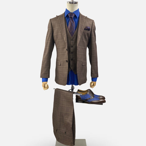 Men’s 3pc Brown Plaid Peak Lapel Suit | Clearance