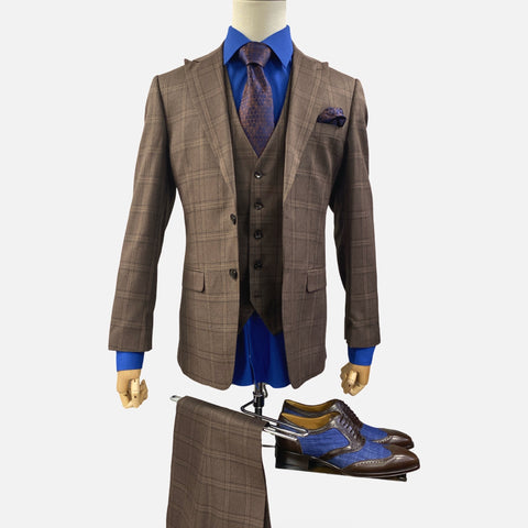 Men’s 3pc Brown Plaid Peak Lapel Suit | Clearance