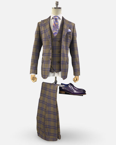 Tiglio Men’s 3-Piece 100% Wool Brown Windowpane Suit | Modern Fit