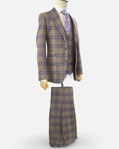 Tiglio Men’s 3-Piece 100% Wool Brown Windowpane Suit | Modern Fit