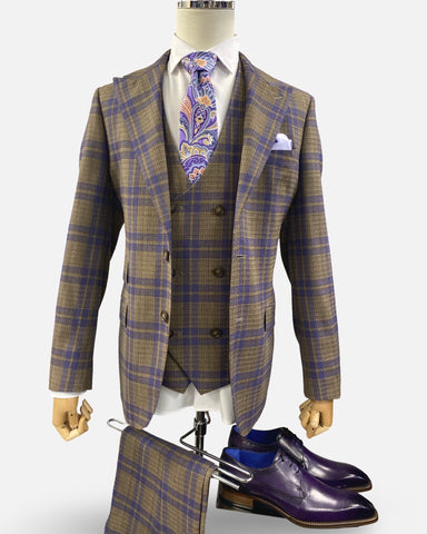 Tiglio Men’s 3-Piece 100% Wool Brown Windowpane Suit | Modern Fit