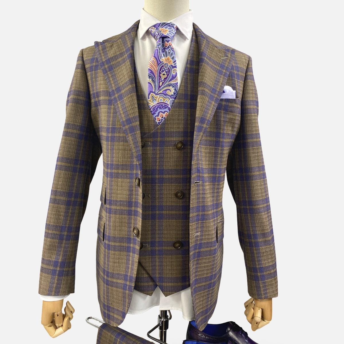 Tiglio Men’s 3-Piece 100% Wool Brown Windowpane Suit | Modern Fit