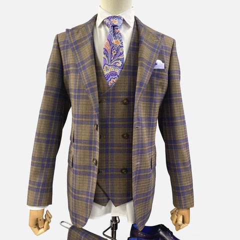 Tiglio Men’s 3-Piece 100% Wool Brown Windowpane Suit | Modern Fit