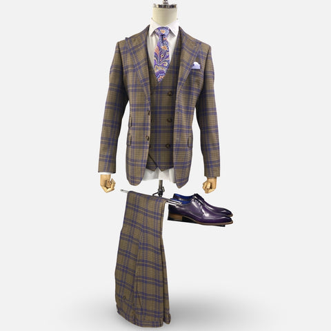 Tiglio Men’s 3-Piece 100% Wool Brown Windowpane Suit | Modern Fit