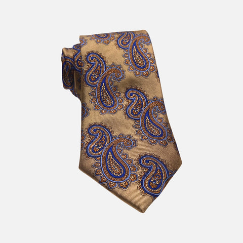 Boulder Trading Co. Silk Tie - Golden Brown Paisley Elegance - Blue and Orange Accents