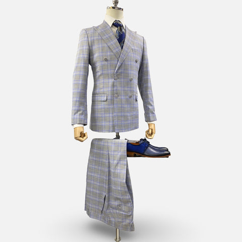 Men's Double Breasted Gray Slim Fit Plaid Suit