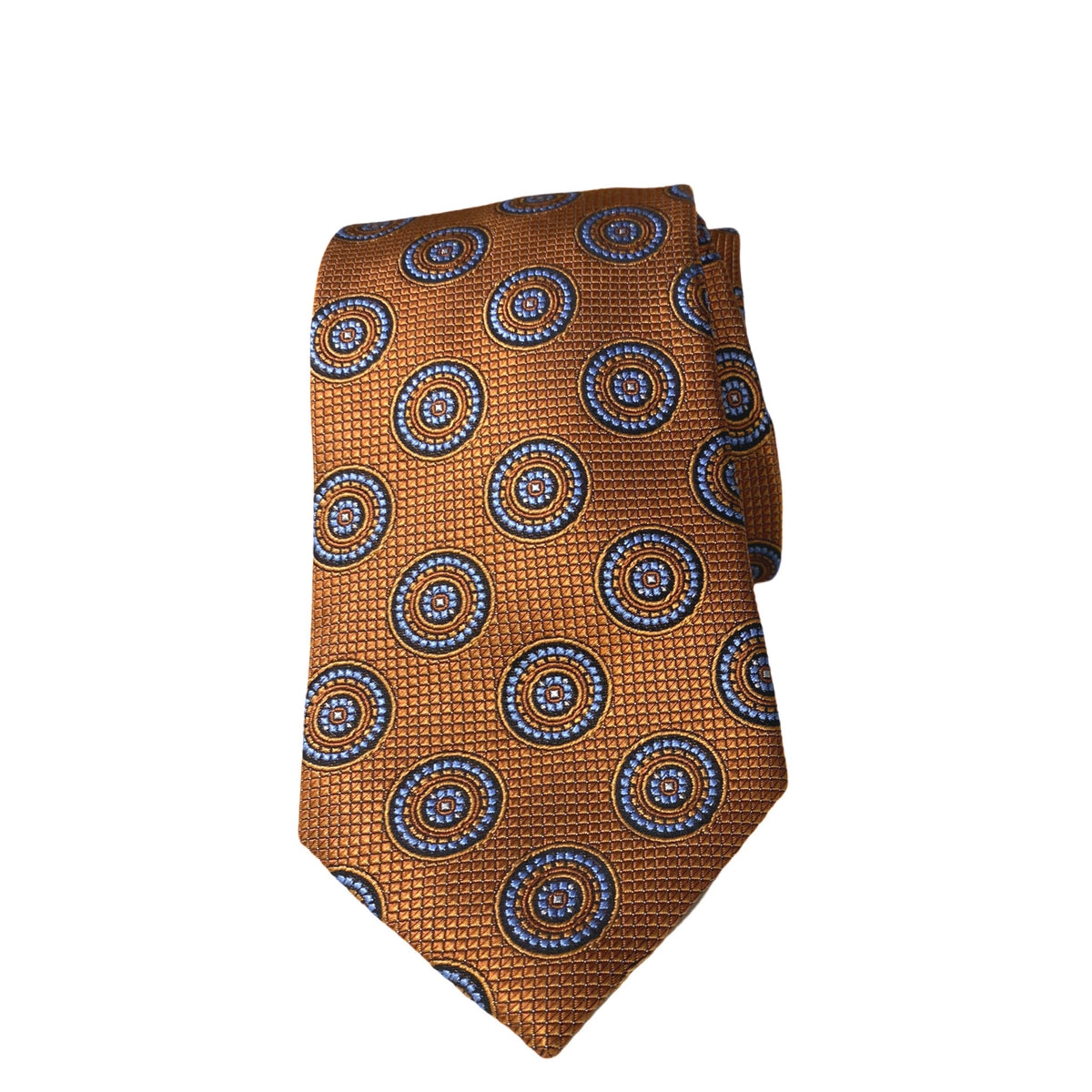 Elegant Orange Silk Tie with Blue Circular Pattern