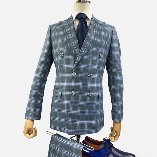 Men's Double Breasted Hunter Green Slim Fit Plaid Suit