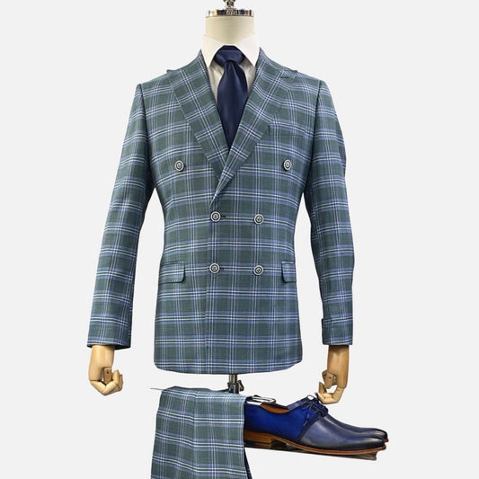 Men's Double Breasted Hunter Green Slim Fit Plaid Suit