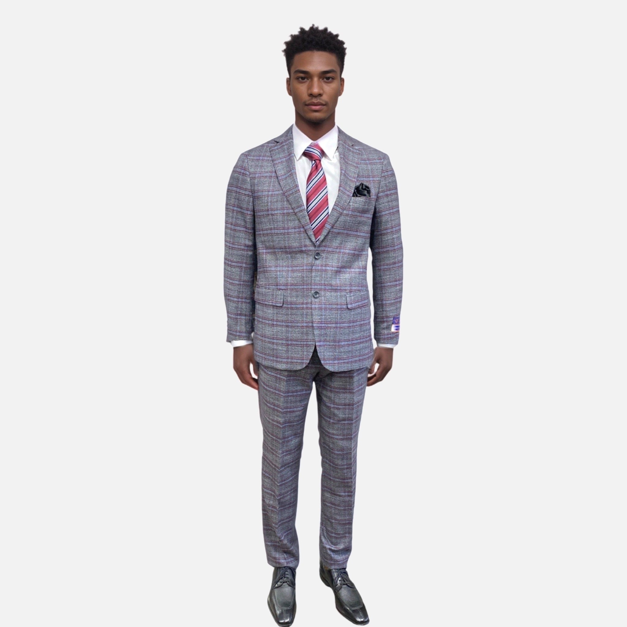 Men Plaid Modern Fit Gray Suit with Burgundy & Blue Stripes 38R (Pants: 32) Men Plaid Modern Fit Gray Suit with Burgundy & Blue Stripes 38R (Pants: 32)
