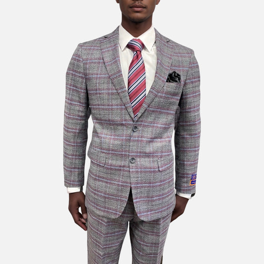 Men Plaid Modern Fit Gray Suit with Burgundy & Blue Stripes