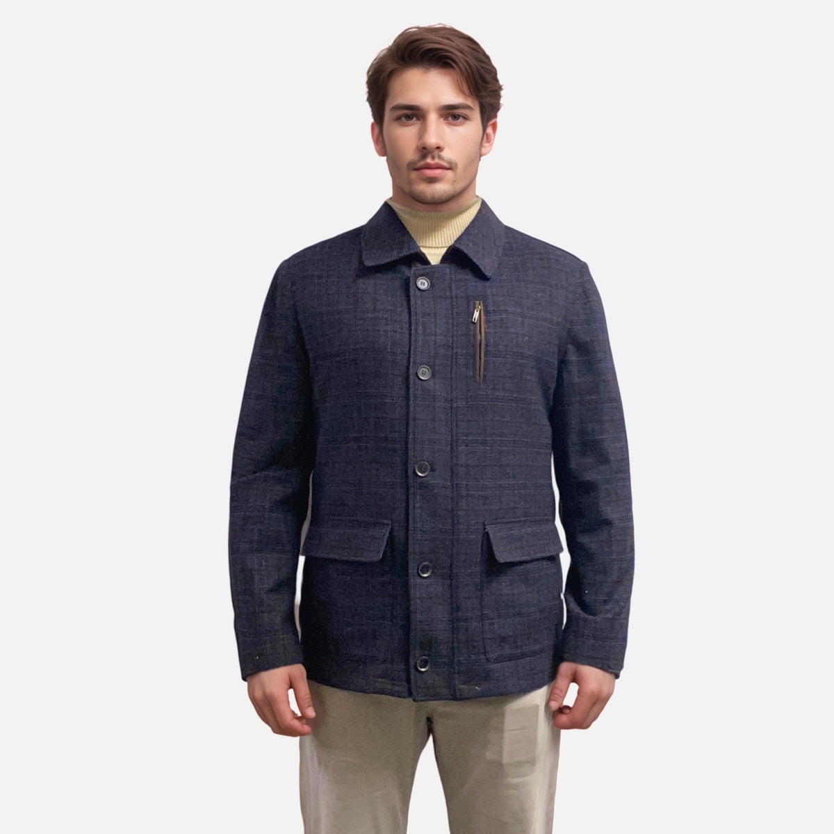 Men’s Blue Plaid Carcoat - Classic Style with Wool Blend