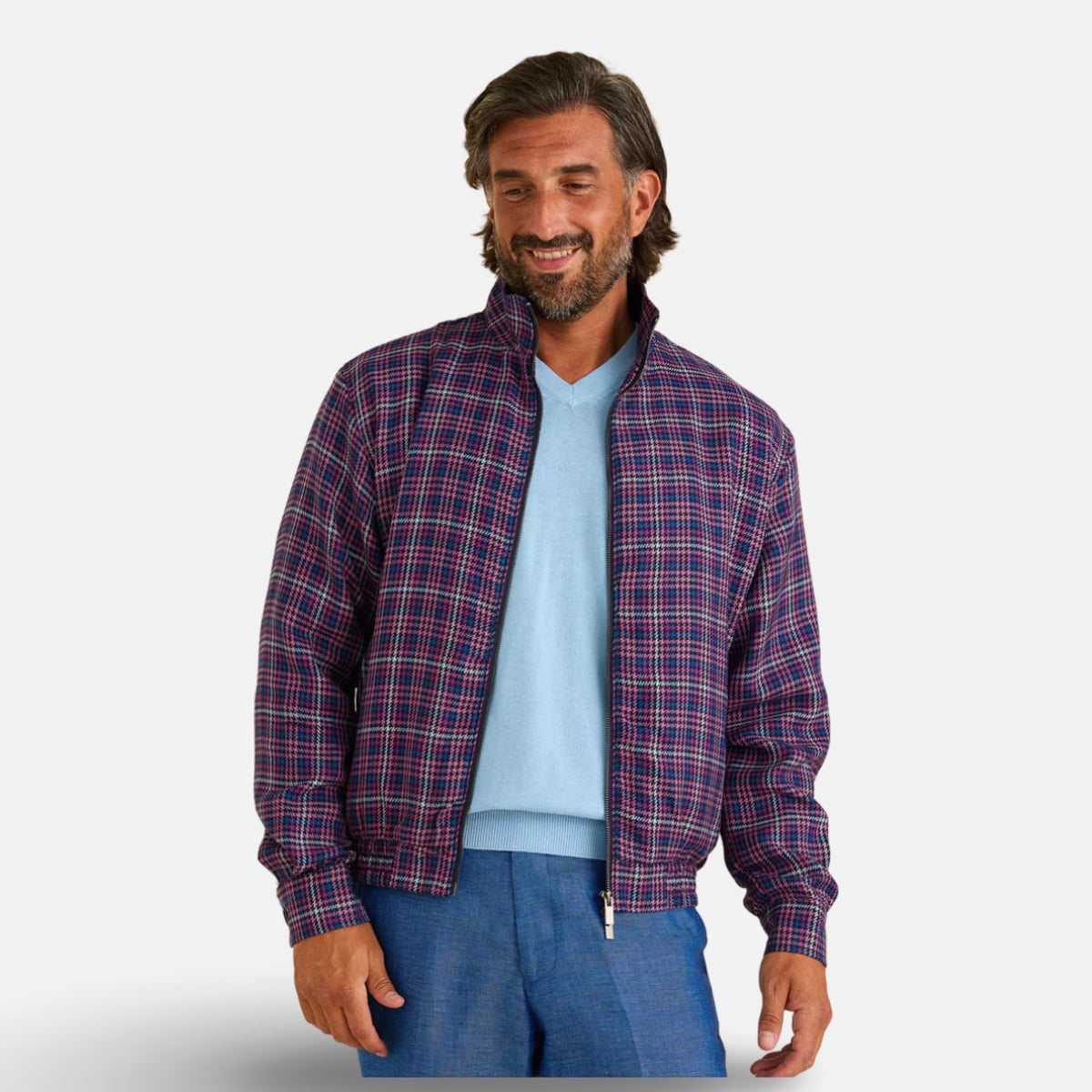 Clearance | Men’s Multicolor Houndstooth Yarn-Dye Zip Jacket with Stand Collar