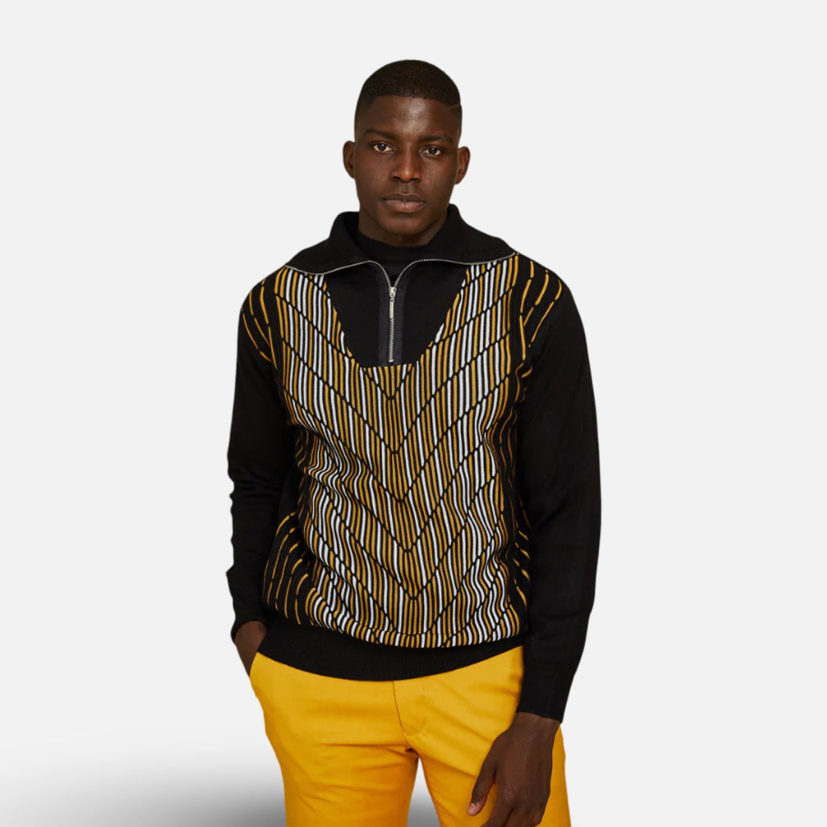 Men’s Black and Gold Patterned Quarter-Zip Sweater | Classic Fit