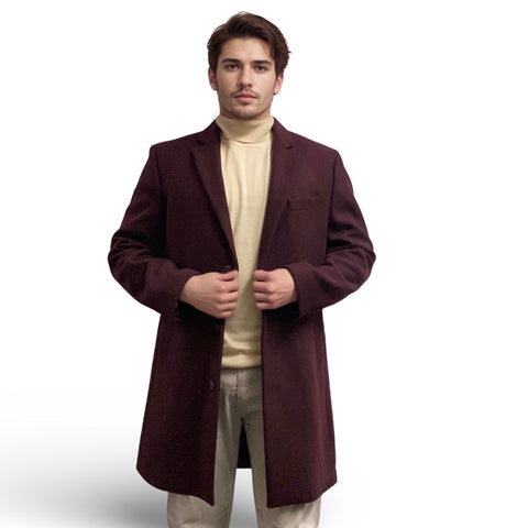 Men’s Burgundy Slim-Fit Car Coat - Wool Blend with Cashmere