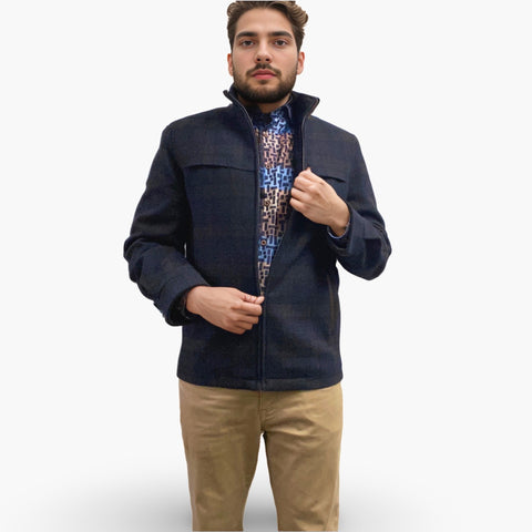 Men’s Wool Zip-Up Jacket - Navy Plaid | M | Clearance