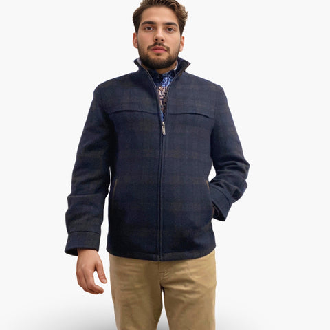 Men’s Wool Zip-Up Jacket - Navy Plaid | M | Clearance