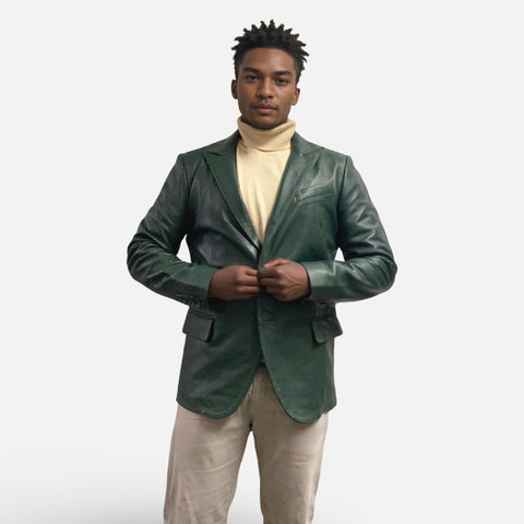 Mens Green Leather Blazer | Lambskin | Modern Fit