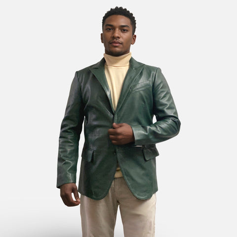 Mens Green Leather Blazer | Lambskin | Modern Fit