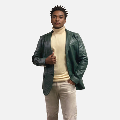 Mens Green Leather Blazer | Lambskin | Modern Fit