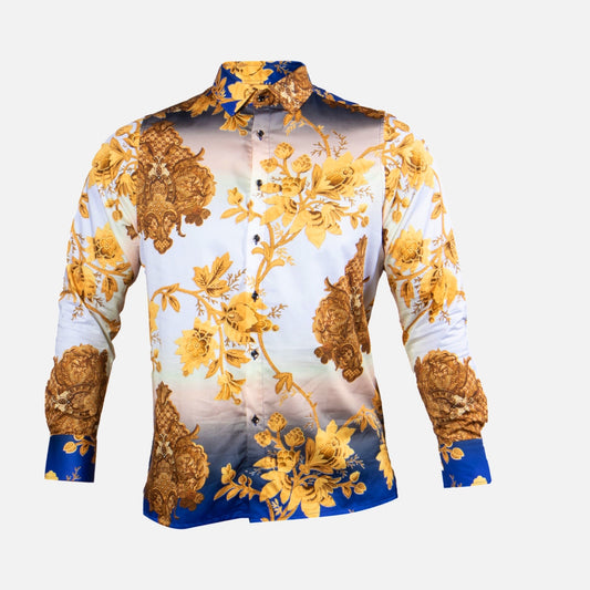 Prestige Men’s Luxury Baroque Print Long Sleeve Button-Up Shirt – 100% Cotton