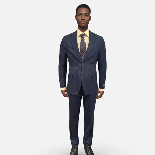 Dark Navy Pinstripe Modern Fit Suit – Wool Blend with Silk Finish