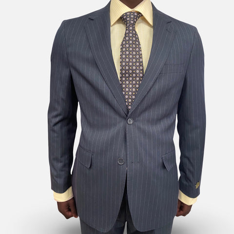 Dark Navy Pinstripe Modern Fit Suit – Wool Blend with Silk Finish