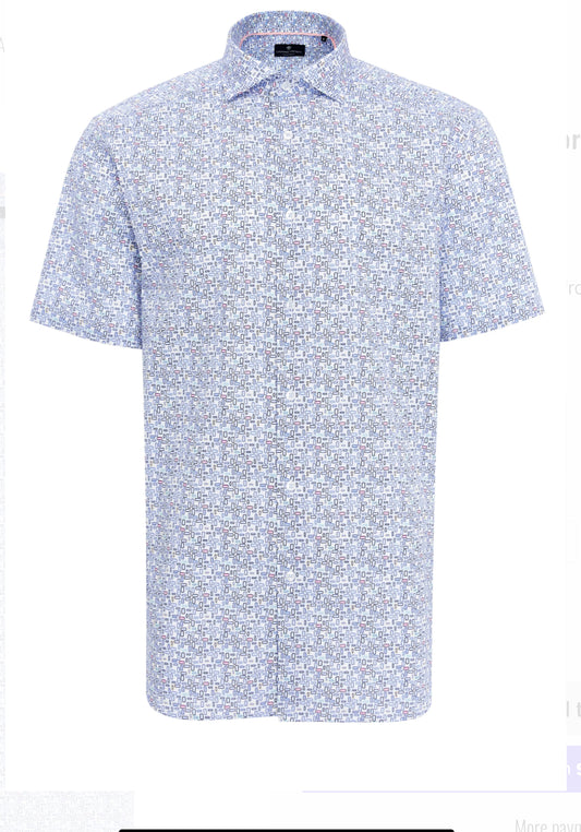 Luchiano Visconti Men’s Short Sleeve Modern Fit Shirt SEFSGR52 – Blue Geometric Print