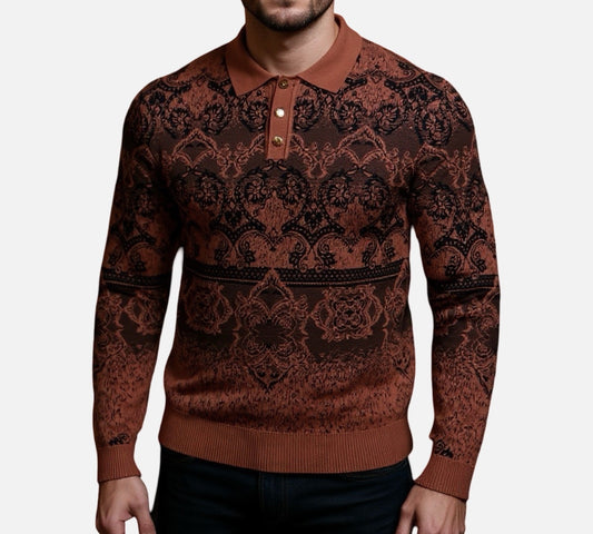 Men’s “Prestige” Polo Collar Sweater – Rust Brown Patterned Knit