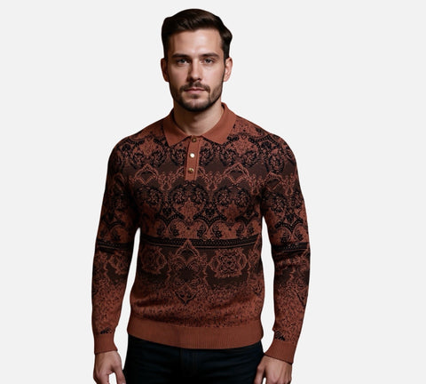 Men’s “Prestige” Polo Collar Sweater – Rust Brown Patterned Knit