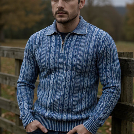 Men’s “Prestige” Quarter-Zip Polo Collar Sweater – Denim Blue Cable Knit Pattern