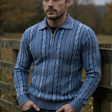 Men’s “Prestige” Quarter-Zip Polo Collar Sweater – Denim Blue Cable Knit Pattern