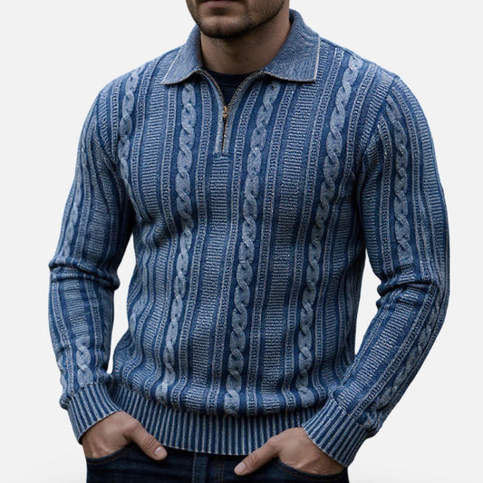 Men’s “Prestige” Quarter-Zip Polo Collar Sweater – Denim Blue Cable Knit Pattern