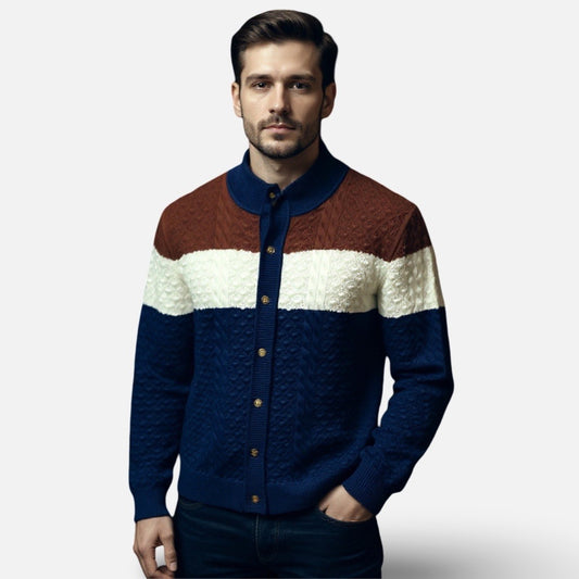 Men’s “Prestige” Full Button Sweater – Navy, White & Brown Colorblock