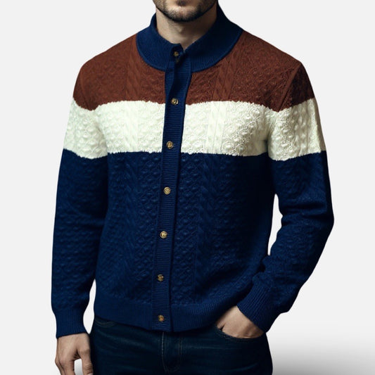 Men’s “Prestige” Full Button Sweater – Navy, White & Brown Colorblock