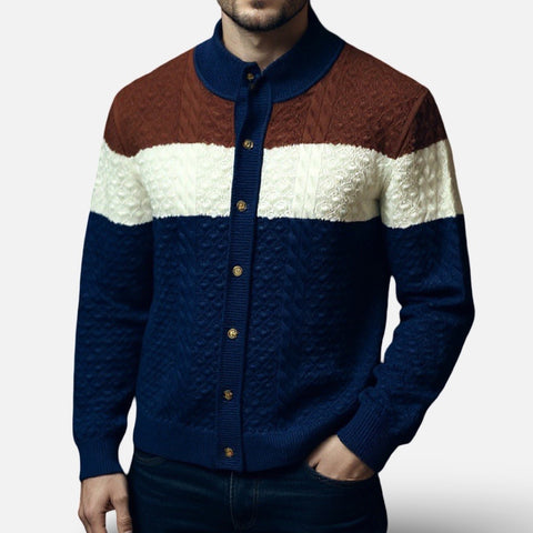 Men’s “Prestige” Full Button Sweater – Navy, White & Brown Colorblock