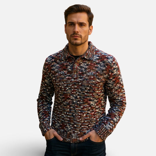 Men’s “Prestige” Knit Polo Sweater – Navy Multi-Color Textured Pat