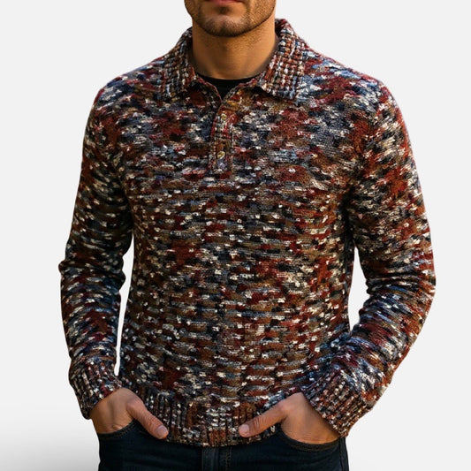 Men’s “Prestige” Knit Polo Sweater – Navy Multi-Color Textured Pat
