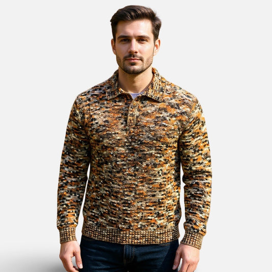 Men’s “Prestige” Knit Polo Sweater – BLACK Multi-Color Pattern