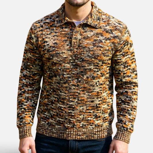 Men’s “Prestige” Knit Polo Sweater – BLACK Multi-Color Pattern