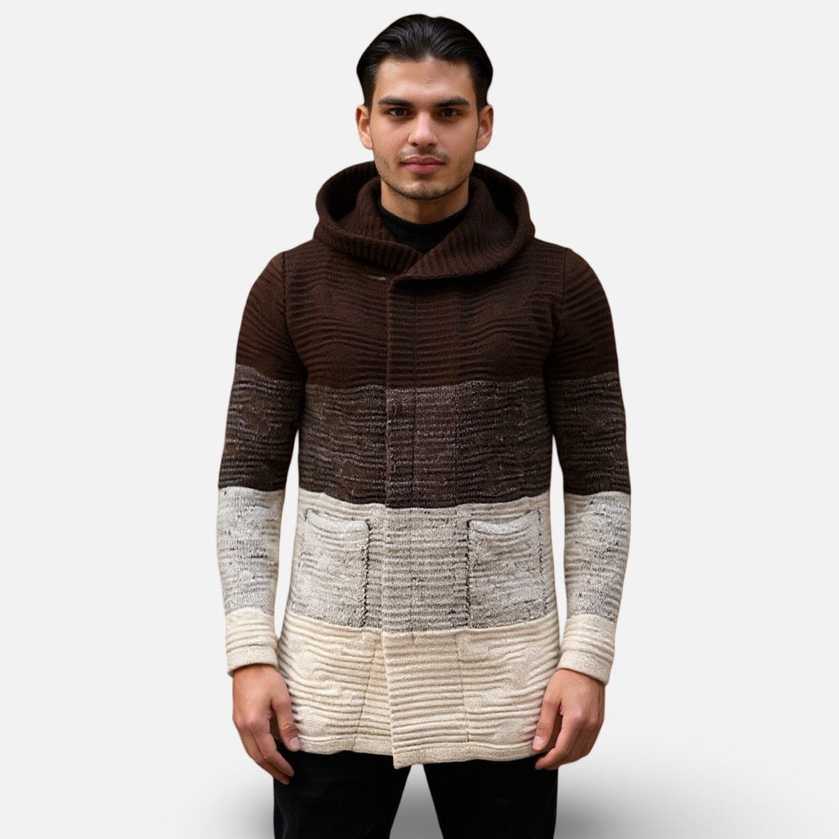 LCR Men’s Slim Fit Hooded Sweater – Tan & Brown Gradient Knit | Wool-Blend Lay
