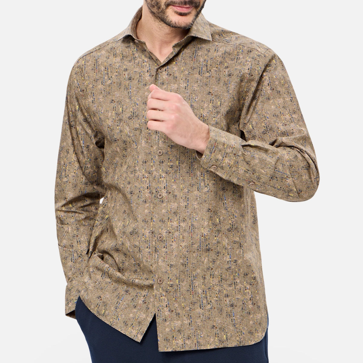 Luchiano Visconti Tan Multicolor Gingham Shirt – 100% Organic Cotton