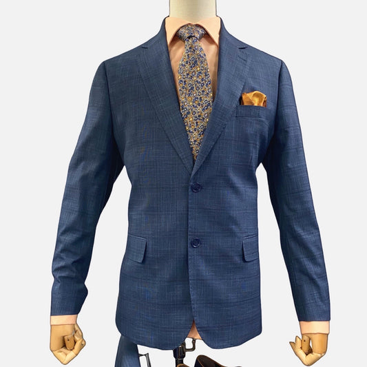 Men’s Modern Blue Silk-Blend Windowpane Suit – Contemporary Fit, Flat-Front Pants