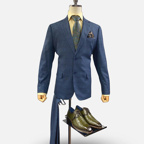 Men’s Modern Blue Silk-Blend Windowpane Suit – Contemporary Fit, Flat-Front Pants