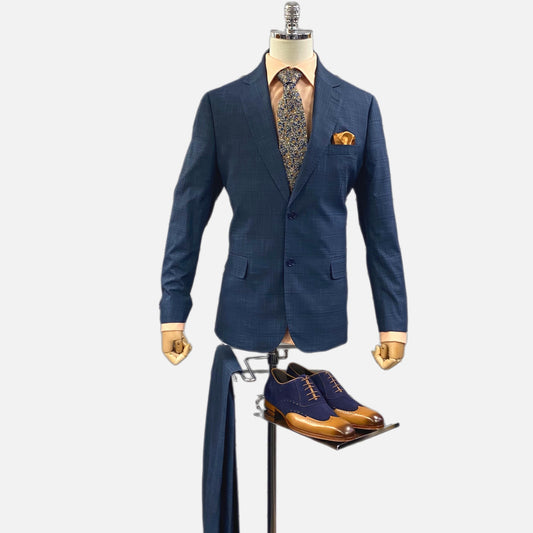 Men’s Modern Blue Silk-Blend Windowpane Suit – Contemporary Fit, Flat-Front Pants