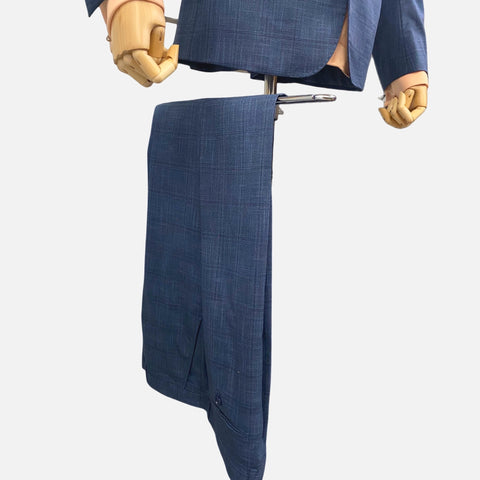 Men’s Modern Blue Silk-Blend Windowpane Suit – Contemporary Fit, Flat-Front Pants