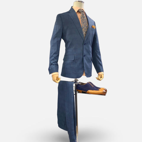 Men’s Modern Blue Silk-Blend Windowpane Suit – Contemporary Fit, Flat-Front Pants